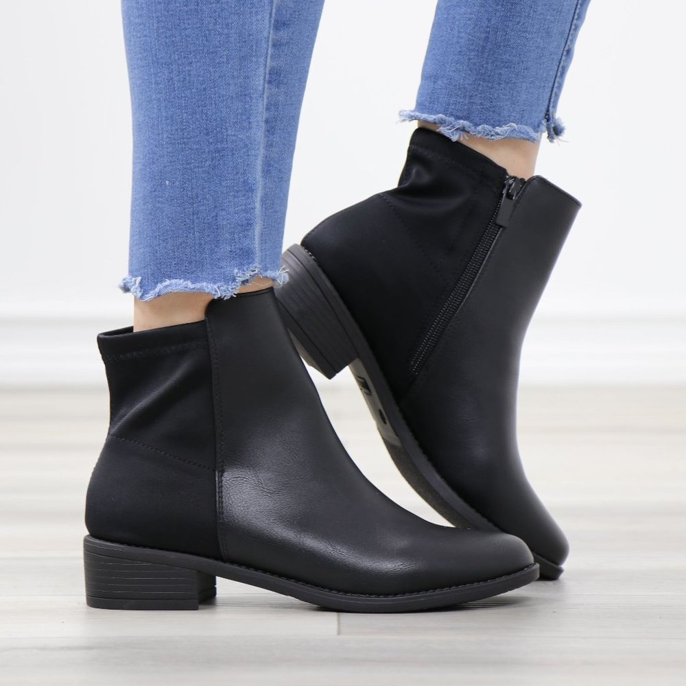 Black Dual Material Round Toe Low Heel Ankle Boots - Picture 2 of 12